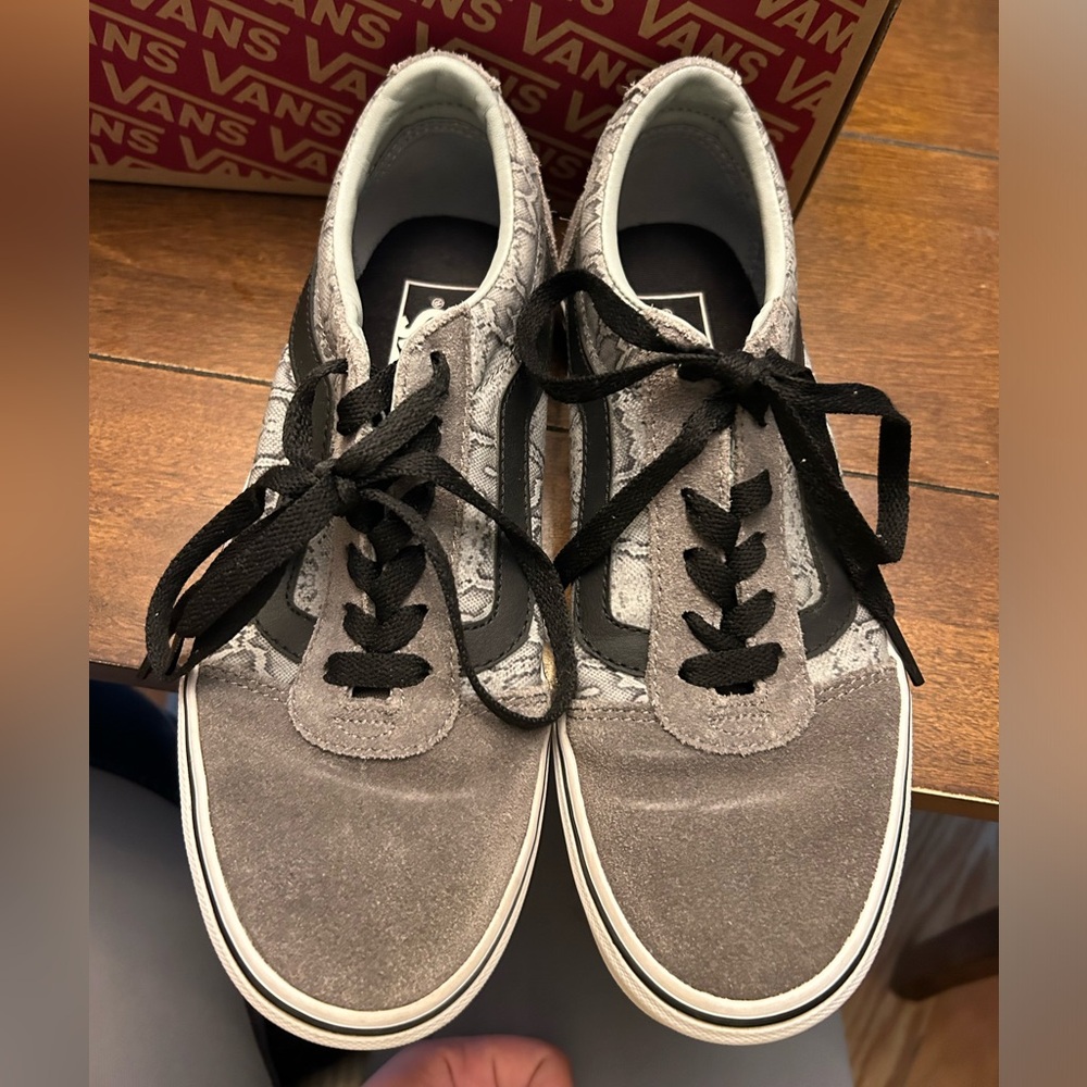 Gray and snakeskin patterned Vans